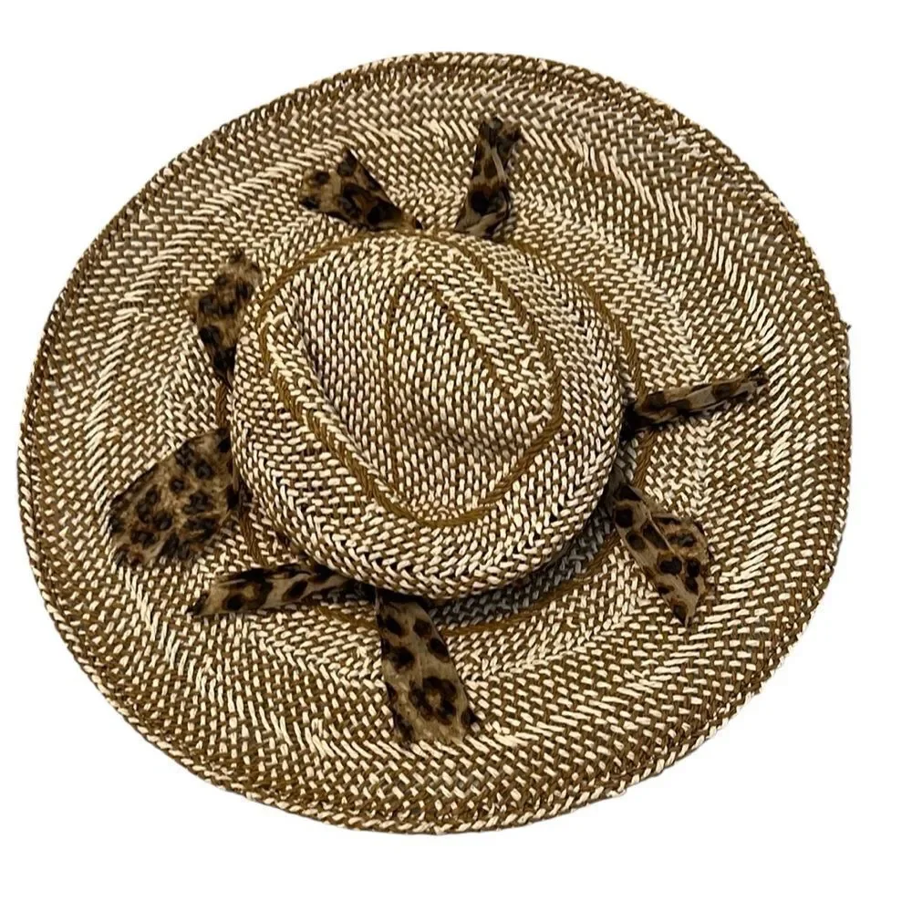 Stylish Woven Floppy Hat with Leopard and Bead Accents EUC